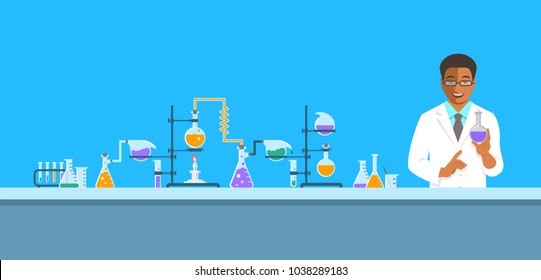 Chemist in chemical laboratory. Flat vector background. Cartoon horizontal banner. Black man scientist in white coat holds flask with new medicine near pharmaceutical equipment. Medical research