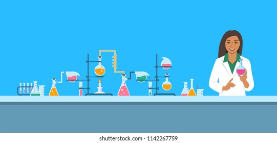 Chemist In Chemical Laboratory. Flat Vector Background. Cartoon Horizontal Banner. Indian Woman Scientist In White Coat Holds Flask With New Medicine Near Pharmaceutical Equipment. Medical Research