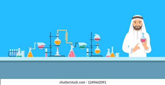 Chemist in chemical laboratory. Flat vector background. Cartoon horizontal banner. Arab man scientist in white coat holds flask with medicine near pharmaceutical equipment. Medical research concept