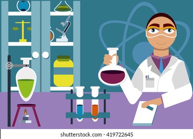 Chemist. Chemical laboratory. Science lab. flat vector illustration. Scientific experience
