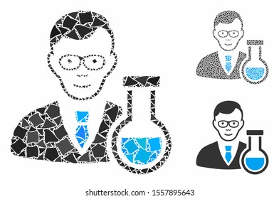 Chemist composition of uneven pieces in various sizes and color tones, based on chemist icon. Vector inequal pieces are organized into collage. Chemist icons collage with dotted pattern.