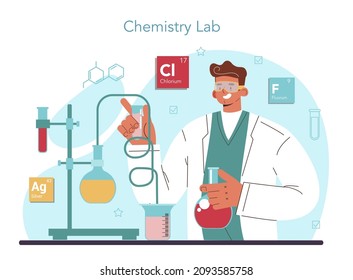 Chemist concept. Chemistry scientist doing an experiment in the laboratory. Different chemical substances' atoms research. Flasks and other equipment. Flat vector illustration