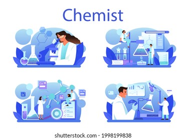 Chemist concept set. Chemistry scientist doing an experiment in the laboratory. Science equipment, chemical research. Isolated flat vector illustration