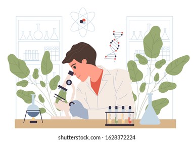 Chemist conducting experiment. Man in white coat with microscope, test tubes in lab flat vector illustration. Laboratory, chemistry, science concept for banner, website design or landing web page