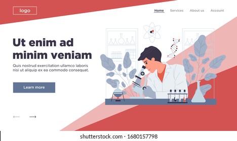 Chemist, der Experimente durchführt. Mann in weißem Mantel mit Mikroskop, Teströhren in Laborflache Vektorillustration. Labor-, Chemie-, Wissenschaftskonzept für Banner, Website-Design oder Landing-Webseite