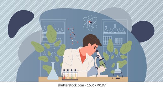 Químico realizando experimento. Hombre con capa blanca con microscopio, tubos de ensayo en la ilustración plana de laboratorio vectorial. Laboratorio, química, concepto científico para banner, diseño de sitios web o página web de inicio