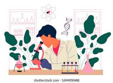 Chemist, der Experimente durchführt. Mann in weißem Mantel mit Mikroskop, Teströhren in Laborflache Vektorillustration. Labor-, Chemie-, Wissenschaftskonzept für Banner, Website-Design oder Landing-Webseite