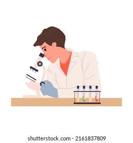 Chemist conducting experiment. Man in white coat with microscope, test tubes in lab flat vector illustration. Laboratory, chemistry, science concept