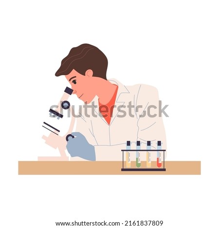 Chemist conducting experiment. Man in white coat with microscope, test tubes in lab flat vector illustration. Laboratory, chemistry, science concept