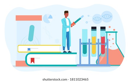A chemist conducting a scientific experiment by mixing various reagents in flasks. Flat vector illustration