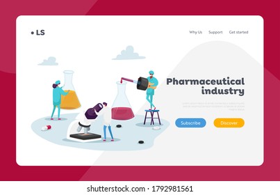 Chemist Doctors Create Remedy Landing Page Template. Tiny Pharmacist Characters Stand at Huge Beakers with Liquid Medication and Microscope in Pharmacy or Drugstore. Cartoon People Vector Illustration