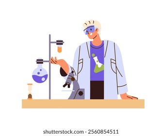 Chemist does science research in scientific laboratory. Scientist in lab coat, protective glasses explorers with tubes, beakers, chemistry equipments. Flat isolated vector illustration on white