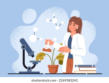 Concepto de experiencia química. La mujer con tubos de ensayo con sustancia se queda cerca del microscopio, investigando. Biología molecular y química. Desarrollo de medicamentos y medicamentos. Dibujo vectorial plano de dibujos animados