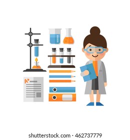 Chemist in flat style and icons on the chemical theme. Chemistry lesson, female character.