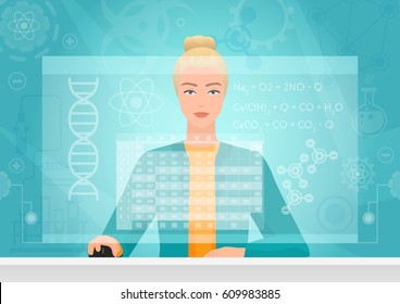 Chemist genetics biology woman working using virtual media interface workspace. Chemist bioengineer working with formula table virtual on the virtual screen.