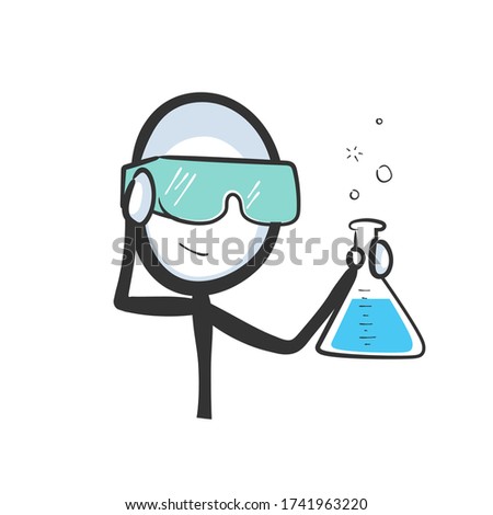 Chemist holding a laboratory flask. Scientist wearing safety glasees for an experiment. Hand drawn. Stickman cartoon. Doodle sketch, Vector graphic illustration