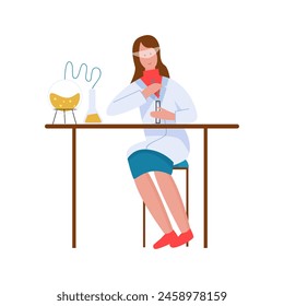 Chemist holding test tube for chemical experiment in laboratory, woman in safety glasses sitting at table vector illustration