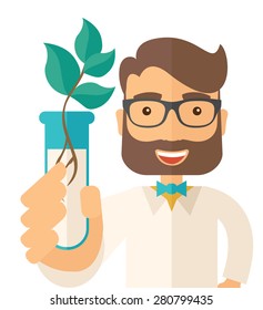 A chemist holding a test tube with eco leaves. A Contemporary style. Vector flat design illustration isolated white background. Square layout.