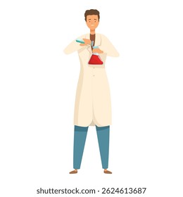 Chemist is holding a test tube and a flask containing red liquid, conducting an experiment
