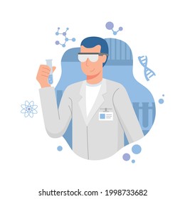 Chemist holding test tubes for chemical experiment,Man doctor scientists hold test tube. Developing pandemic coronavirus pneumonia treatment. Healthcare immunization research. Vector illustration