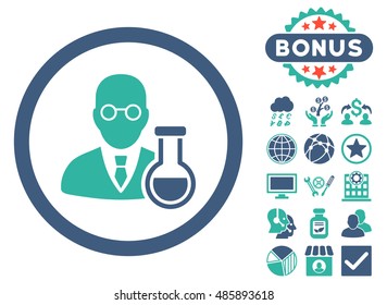 Chemist Icon With Bonus Design Elements. Vector Illustration Style Is Flat Iconic Bicolor Symbols, Cobalt And Cyan Colors, White Background.