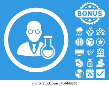 Chemist icon with bonus images. Vector illustration style is flat iconic symbols, white color, blue background.