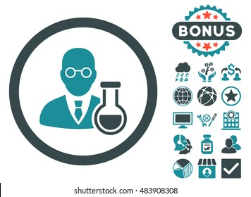 Chemist icon with bonus symbols. Vector illustration style is flat iconic bicolor symbols, soft blue colors, white background.