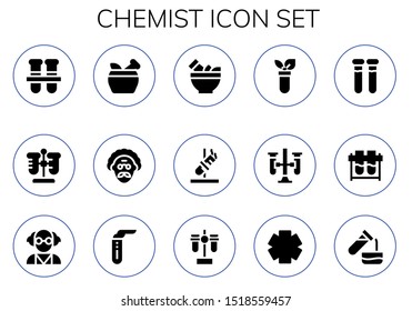 chemist icon set. 15 filled chemist icons.  Collection Of - Test tubes, Test tube, Mortar, Scientist, Mad scientist, Clinic icons