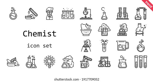 conjunto de iconos químicos. estilo de icono de línea. iconos relacionados con la química, como tubo de ensayo, mortero, científico, matraz, vaso de precipitación, investigación, 