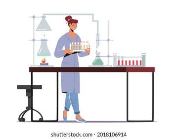 Chemist in Lab Coat Conducting Experiment and Scientific Research in Lab. Chemistry Science Staff at Work, Technician Laboratory Assistant Character Carry Test Tubes. Cartoon Vector Illustration