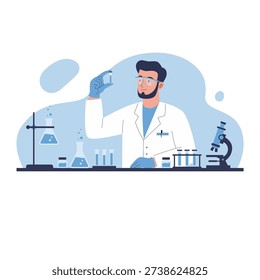 Chemist in lab coat and gloves examining a chemical sample vial. Scientific research concept with flasks and microscope.