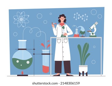 Chemist lab concept. Girl drips from pipette on tree, developing fertilizers and cosmetics. Evaluation of reaction of different substances, scientific experiment. Cartoon flat vector illustration