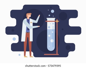 Chemist and Laboratory. Chemical experiment by a talented student. Vector illustration. 