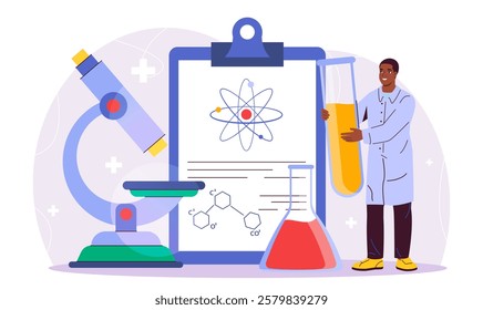 Chemist in laboratory. Man with test tube with reagent near microscope. Scientist in lab. Pharmaceuticals and biochemistry, molecular biology. Drug development. Flat vector illustration