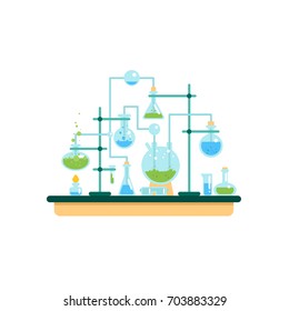 Chemist laboratory workspace. Science equipment. Flat design vector illustration on white background.