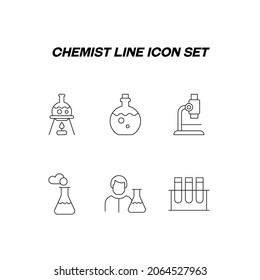 Conjunto de iconos de la línea química. Colección de signos vectoriales en un estilo plano aislado en fondo blanco. Iconos de línea de experimento químico, microscopio, científico, bombilla de laboratorio. Trazo editable
