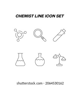 Chemist Linie Symbol gesetzt. Sammlung von Vektorgrafiken im flachen Stil einzeln auf weißem Hintergrund. Liniensymbole der chemischen Verbindung, Lupe, Laborglas, analytische Waage, Laborskala
