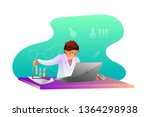 Chemist making research flat character. Biochemist, chemist experimenting vector illustration. Scientific, medical laboratory, lab testing. Chemistry teacher. Chemicals, toxic liquid in tubes