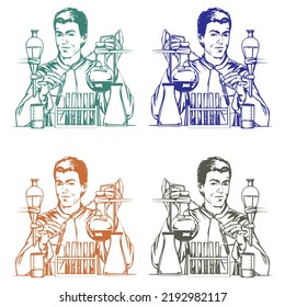 Ilustración del vector científico del hombre químico. Experimento de laboratorio químico
