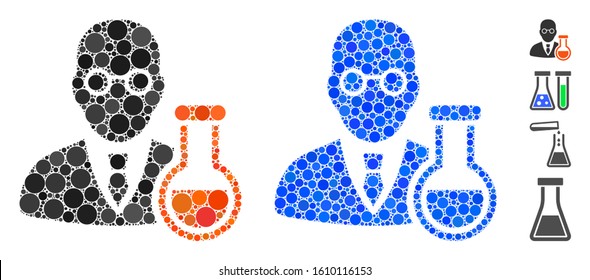 Chemist mosaic of filled circles in various sizes and shades, based on chemist icon. Vector filled circles are organized into blue composition. Dotted chemist icon in usual and blue versions.