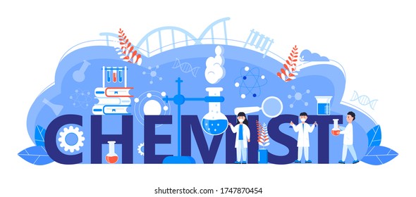 Chemist online learning concept. Chemical technology, biotechnology science vector. Scientists study microorganisms in microscope. Medical research illustration for homepage, horizontal banner.