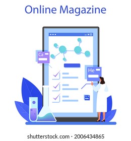 Chemist online service or platform. Scientist doing an experiment in laboratory. Science equipment, chemical research. Online magazine. Flat vector illustration