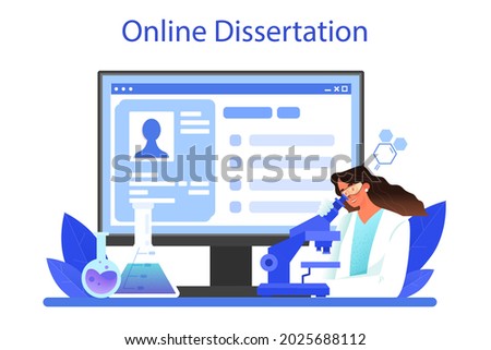 Chemist online service or platform. Scientist doing an experiment in laboratory. Science equipment, chemical research. Online dissertation. Flat vector illustration