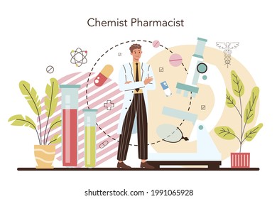 Chemist pharmacist concept. Pharmacist inventing drugs for disease treatment. Drugstore employee. Medical treatment prescription. Isolated vector illustration