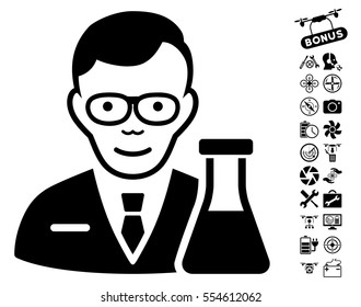 Chemist pictograph with bonus nanocopter service pictures. Vector illustration style is flat iconic black symbols on white background.