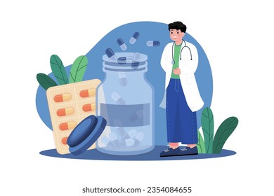 Chemist With Pills Bottle Illustration concept on white background