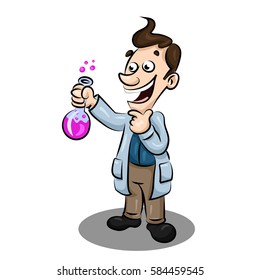 chemist professor in a white coat with flask