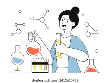Chemist with reagents linear. Woman with flasks with chemical substance. Scientific experiments in laboratory with formulas. Doodle flat vector illustration isolated on white background