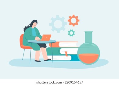Chemist or researcher working on laptop. Woman sitting at table next to huge laboratory flask and books flat vector illustration. Chemistry, science concept for banner, website design or landing page
