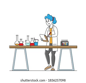 Chemist Scientist Character in White Coat Conduct Experiment in Science Laboratory. Woman Writing Results of Investigation, Researcher in Chemical or Biochemical Lab. Linear Vector Illustration